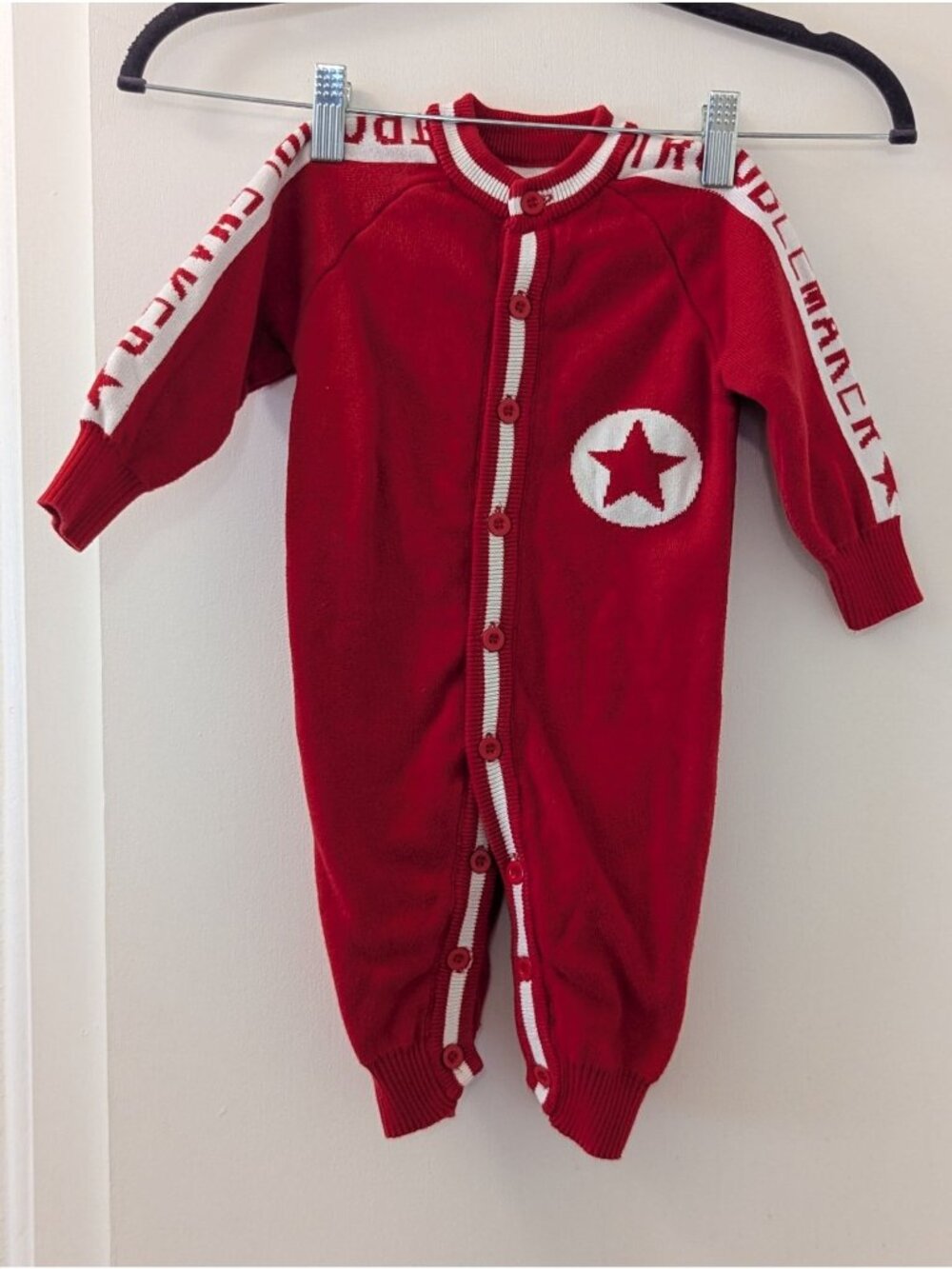 Vintage Red Baby Romper With Troublemaker & Star Design  100% Cotton  Long Sleev